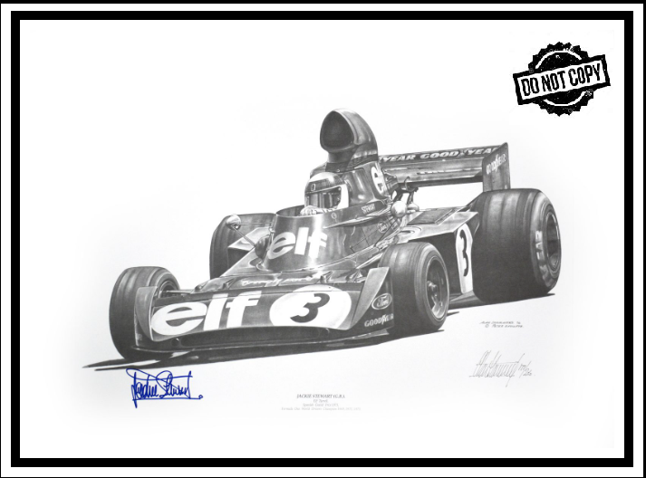 Signed print - Sir Jackie Stewart 1973 - Third world championship, Elf Tyrell